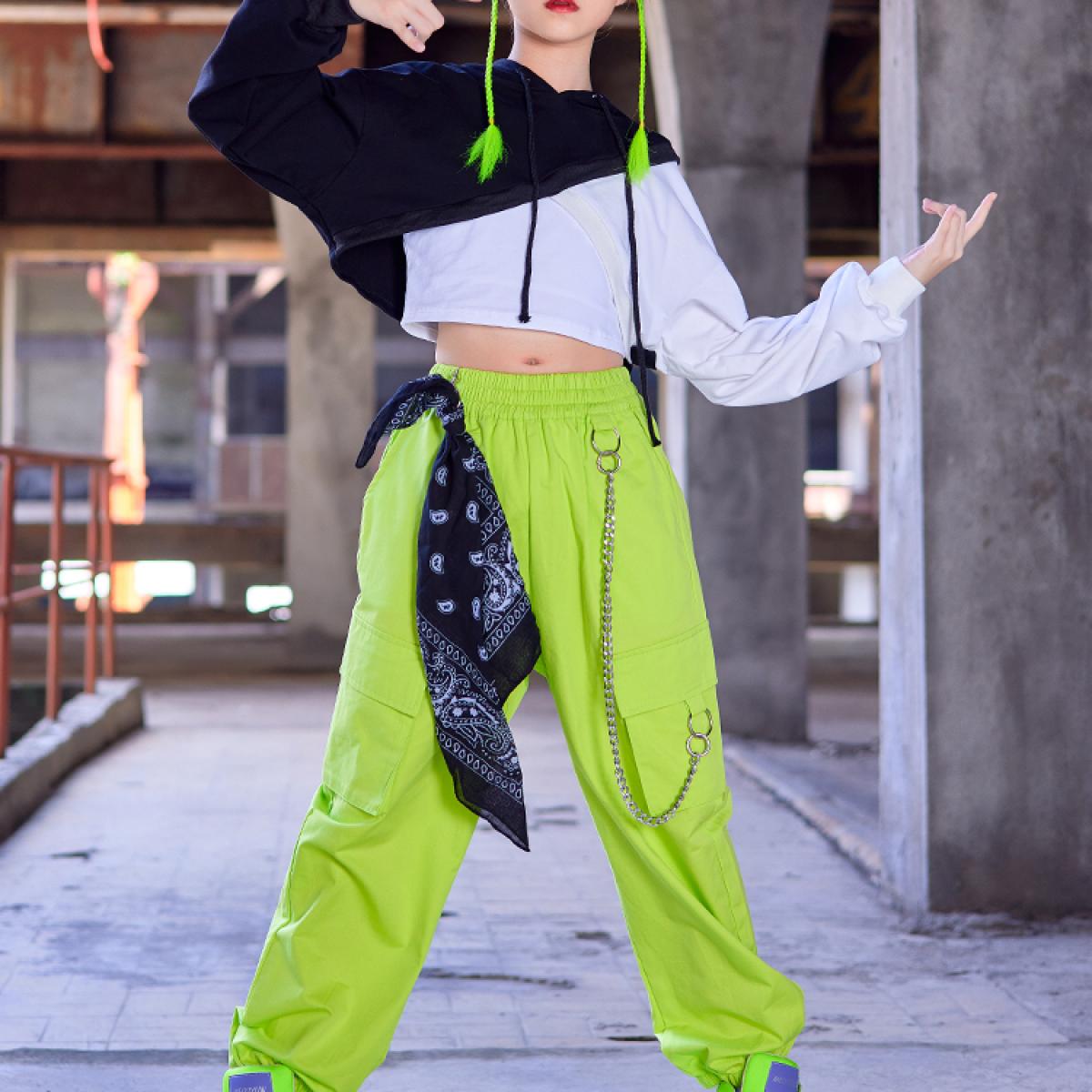 ₪185-Hip Hop Girls Dance Clothes Long Sleeves Hooded Tops Fluorescent Green  Pants Jazz Performance Costume Fashion Kids Wear -Description