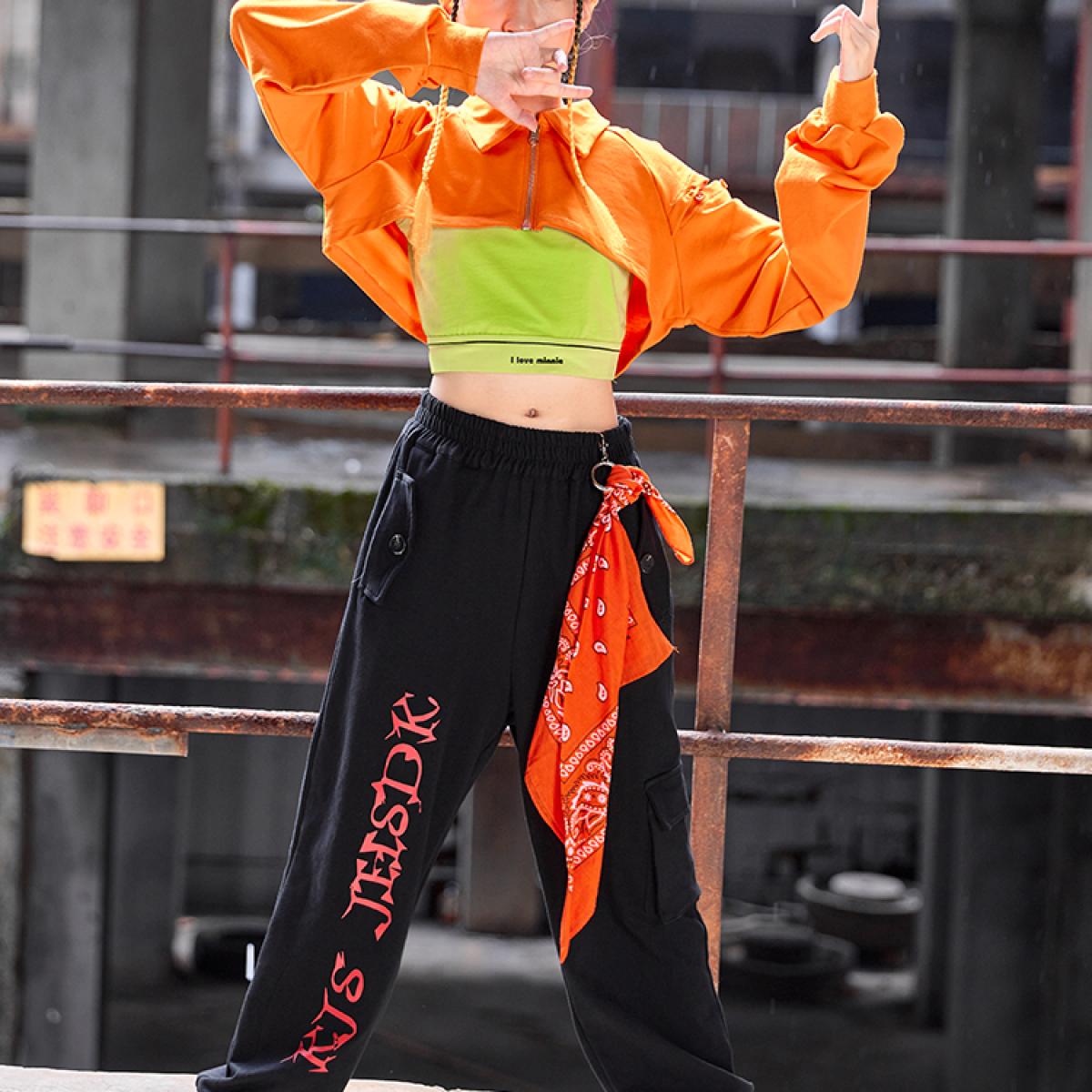 ₪245-Girls Jazz Dance Clothes Kids Streetwear Orange Hiphop Suit Long  Sleeves Tops Loose Pants Modern Dance Performance Wear -Description