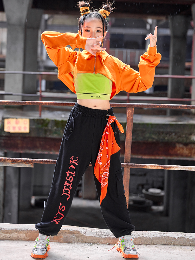Girls Jazz Dance Clothes Kids Streetwear Orange Hiphop Suit Long