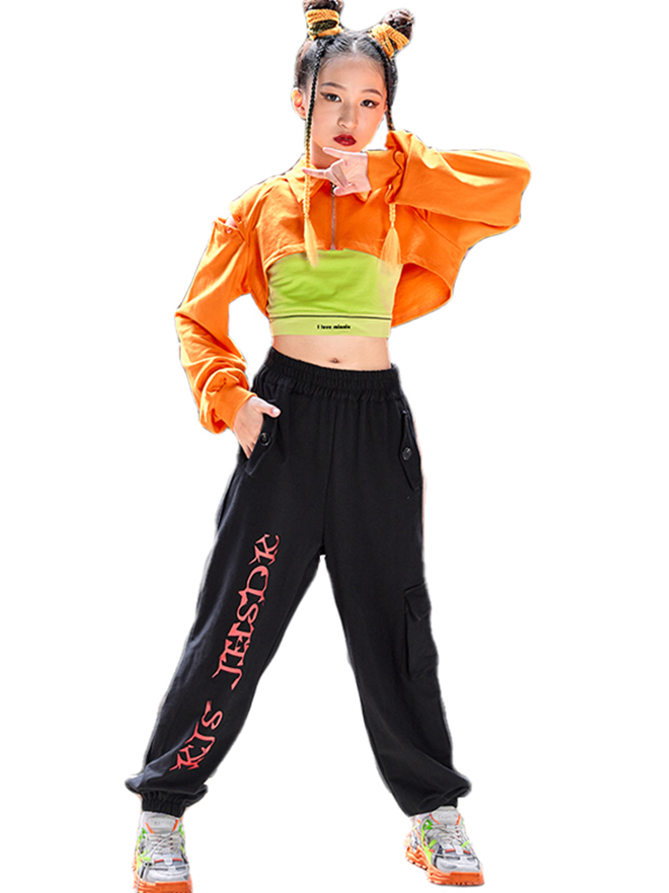 ₪245-Girls Jazz Dance Clothes Kids Streetwear Orange Hiphop Suit Long  Sleeves Tops Loose Pants Modern Dance Performance Wear -Description