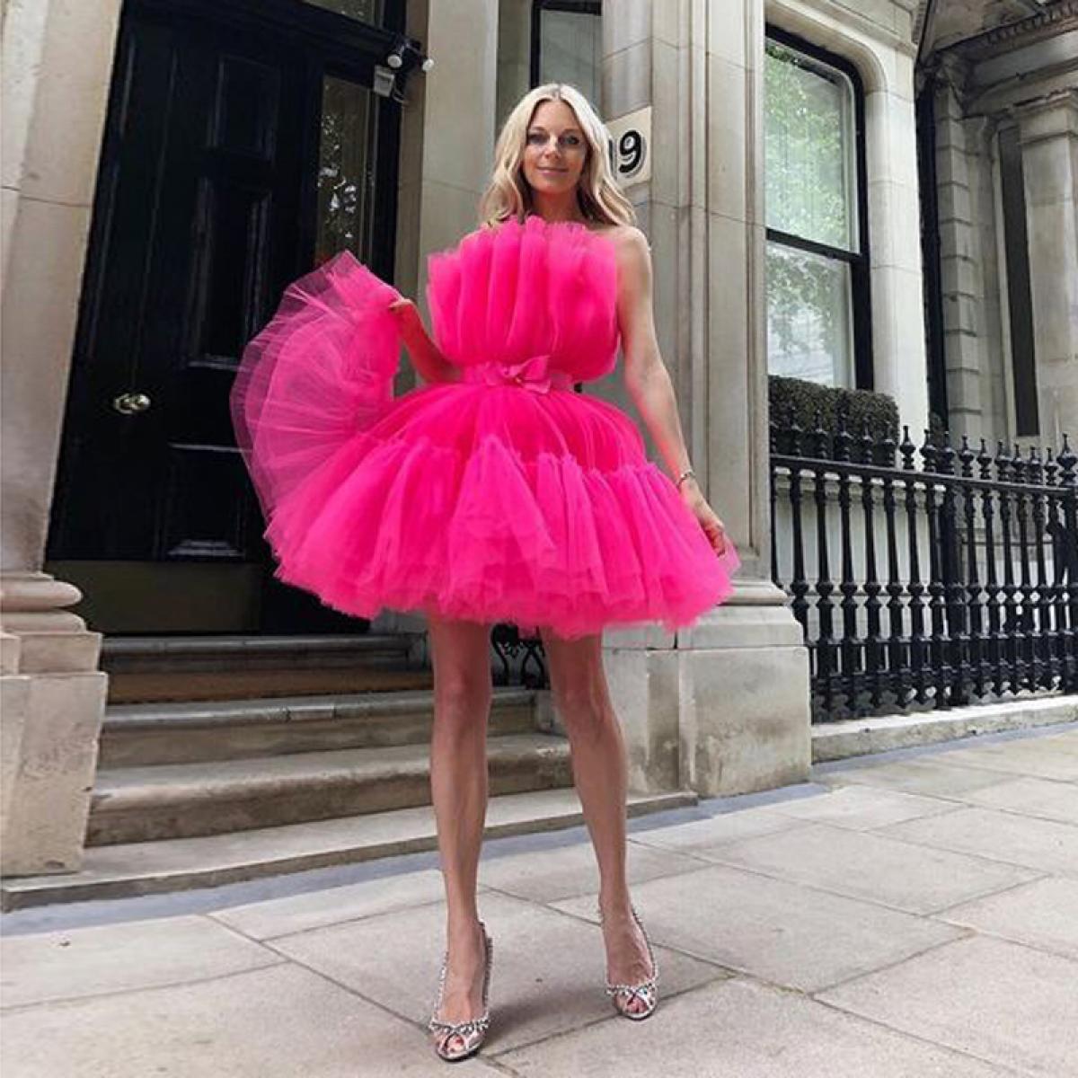 537 Hot Pink Short Prom Formal Dress Girls Robe De Soiree Above Knee Strapless Puffy Tulle Cocktail Gowns With Sashes Custom Description