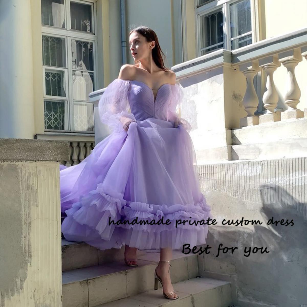 425-Lavender Tulle Fairy Prom Party Dresses Sweetheart Puff Sleeve A Line Evening  Dress Floor Length Homecoming Graduation G-Description