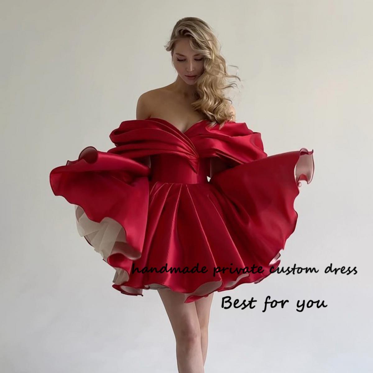 445 Red Off Shoulder Mini Prom Party Dresses Draped Satin Short Cocktail Dress 2023 Evening Party Gowns Back Lace Up Description