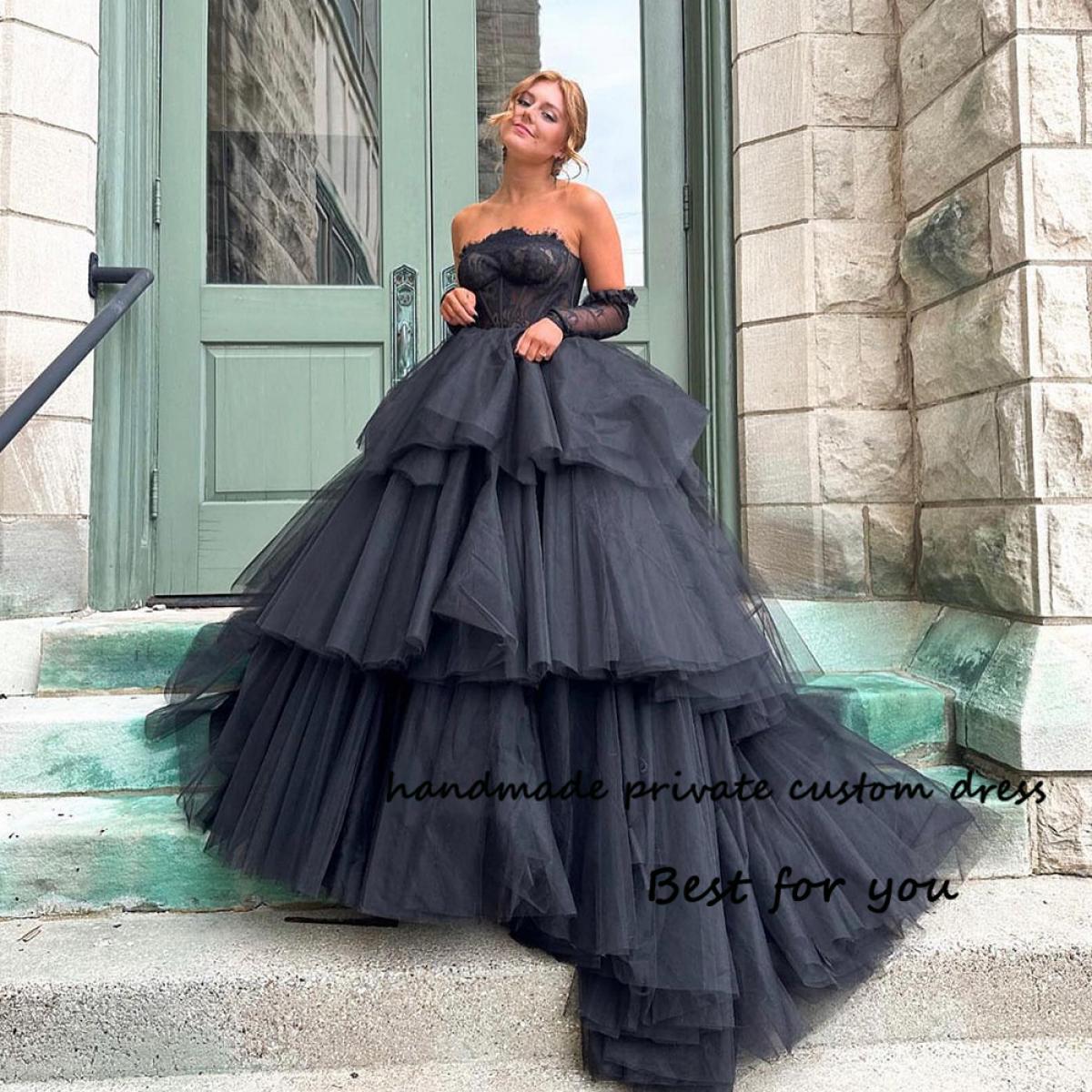 578 Luxury Black Princess Evening Prom Dresses Lace Appliques