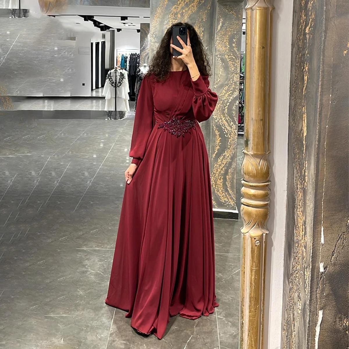 Modest Muslim Evening Dresses O Neck Full Long Sleeves Chiffon Formal Prom  Gowns Beads Belt Wine Red Wedding Guest Outfi