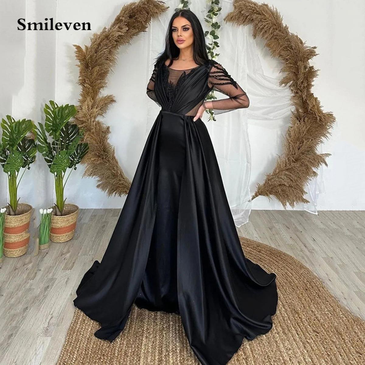 378-Smileven Black Evening Dresses A Line Long Sleeve Pleats Party Dress  High Side Split Cocktail Gowns Plus Size 2023-Description