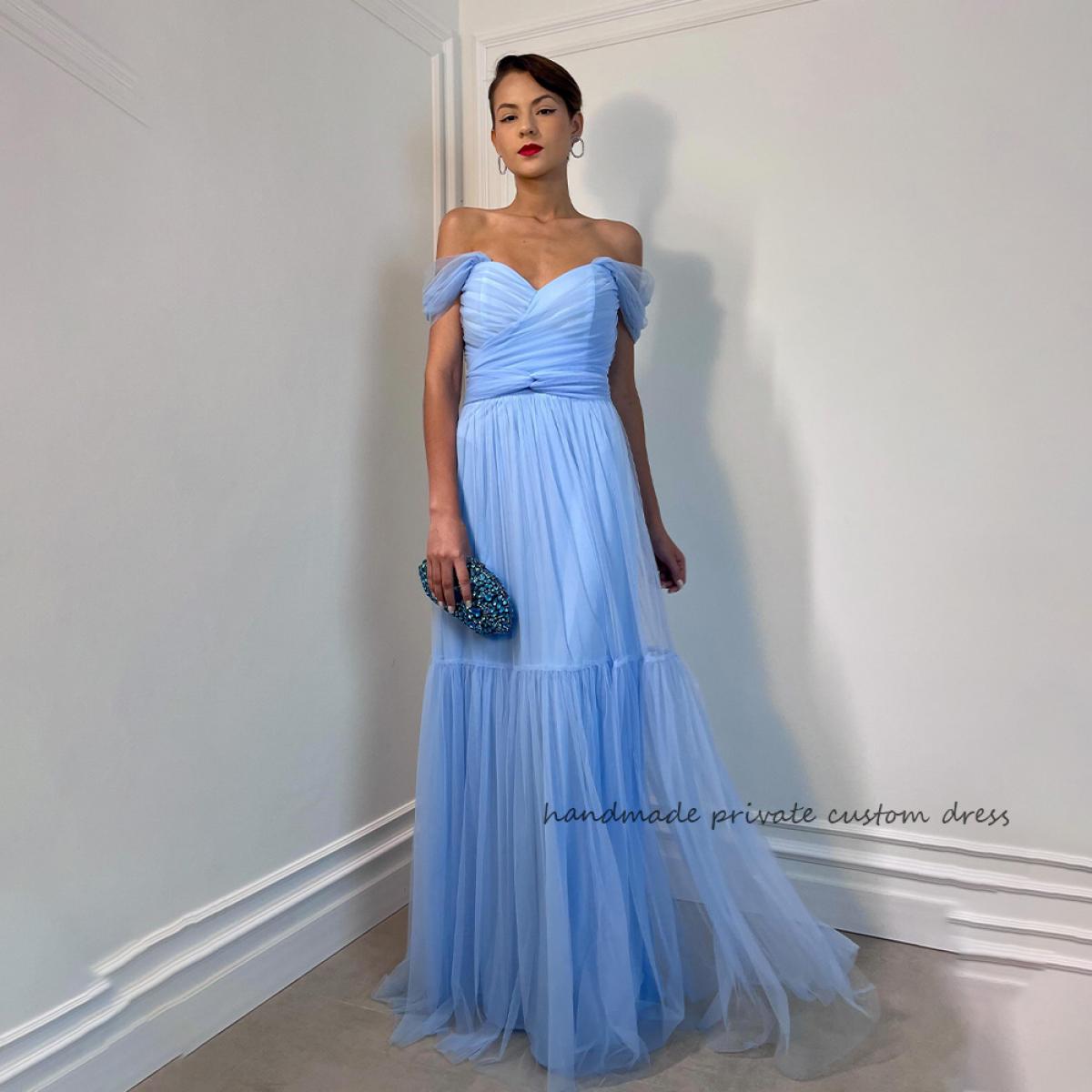 397-Blue Chiffon Off Shoulder Evening Party Dresses Sweetheart Brazilian  Prom Party Gowns Long Women Celebrate Event Dress-Description
