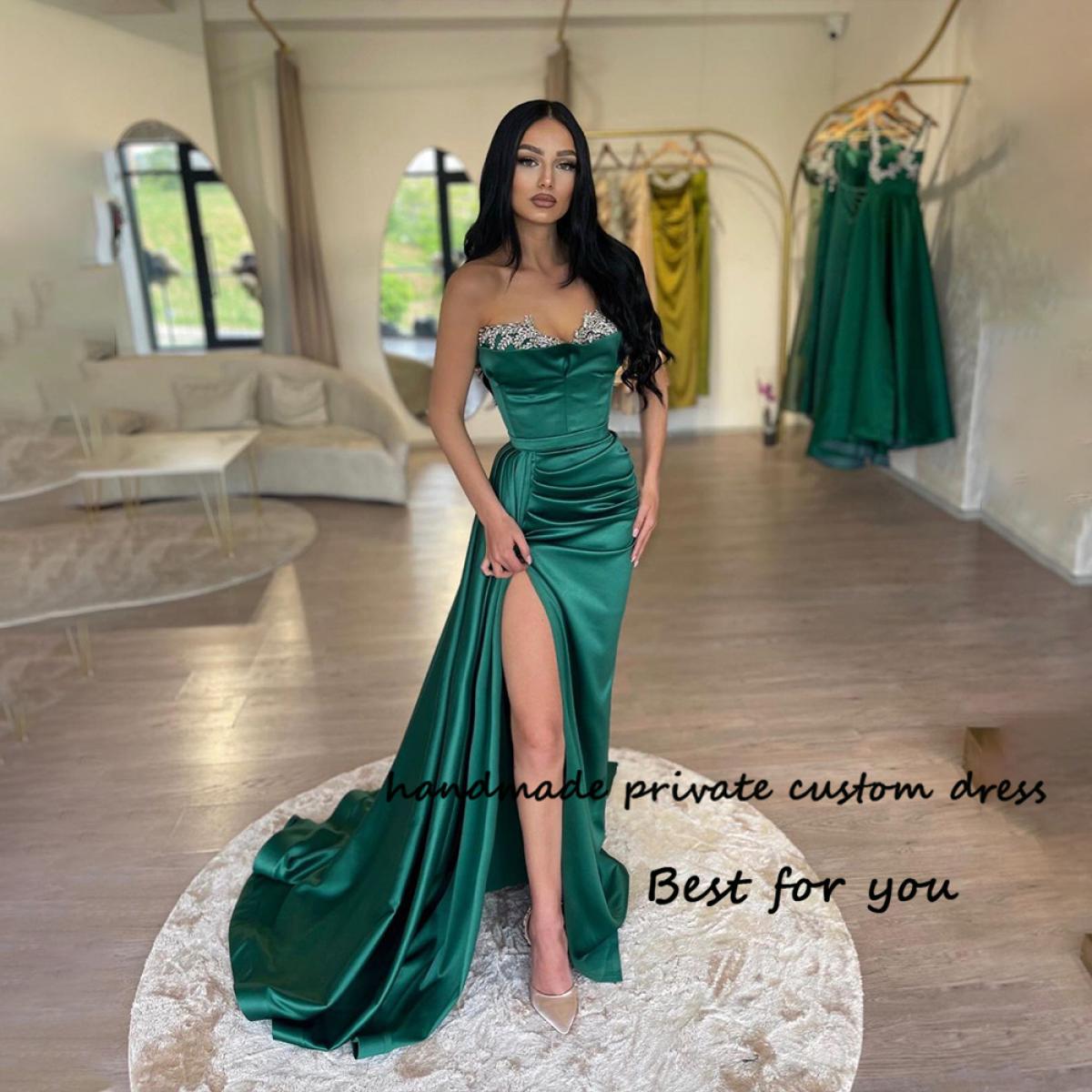 437-Green Mermaid Prom Dresses Leg Split Bead Sweetheart Party Gowns  Pleats Satin Dubai Formal Evening Dress With Skirt-Description