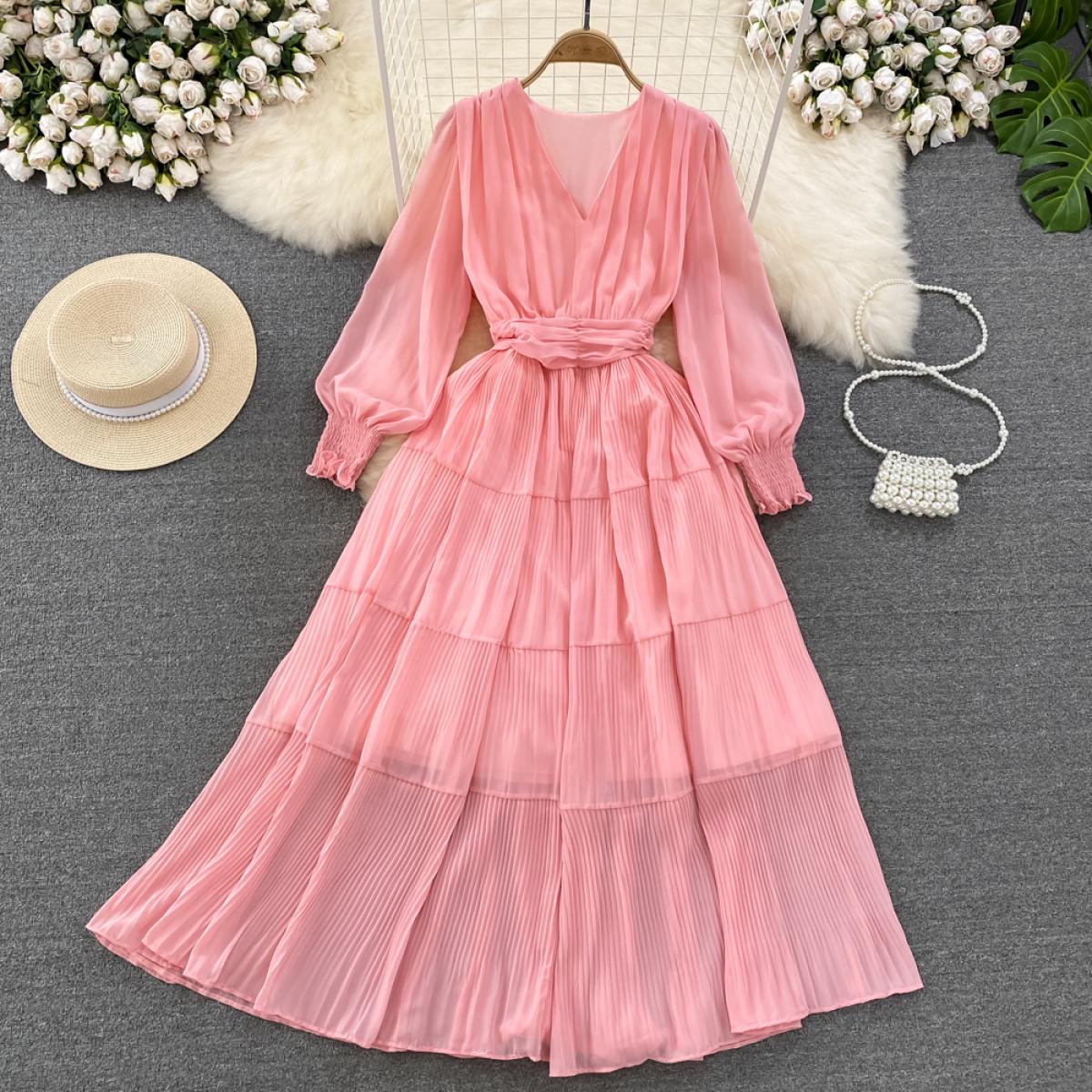 115 Summer Long Casual Chiffon Dress For Women Plicated Long
