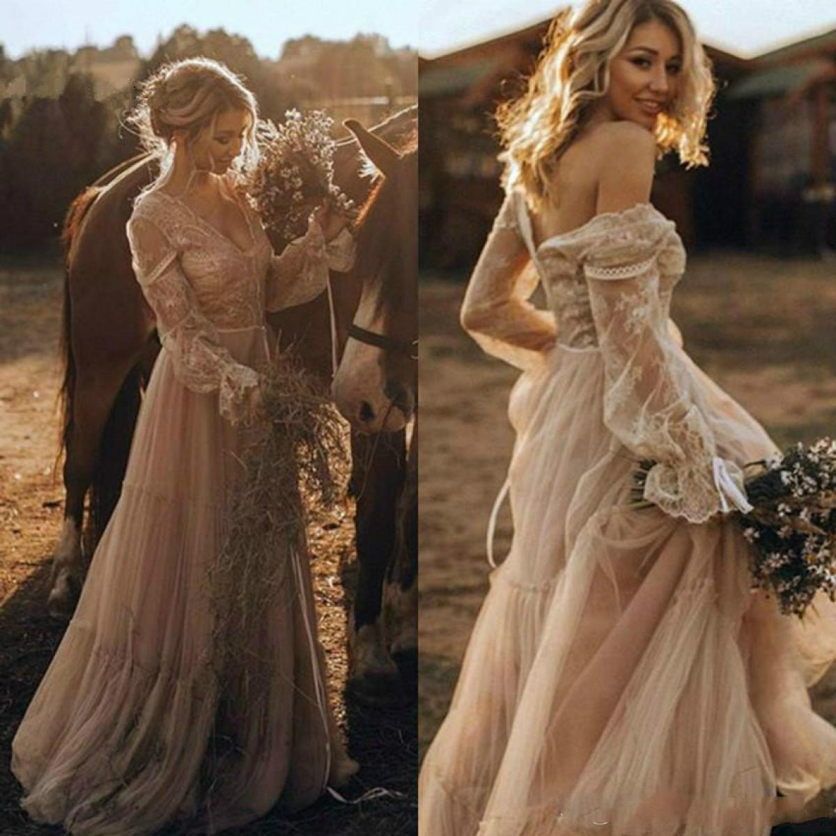 472 Country Boho Champagne Wedding Dresses V Neck Long Sleeve