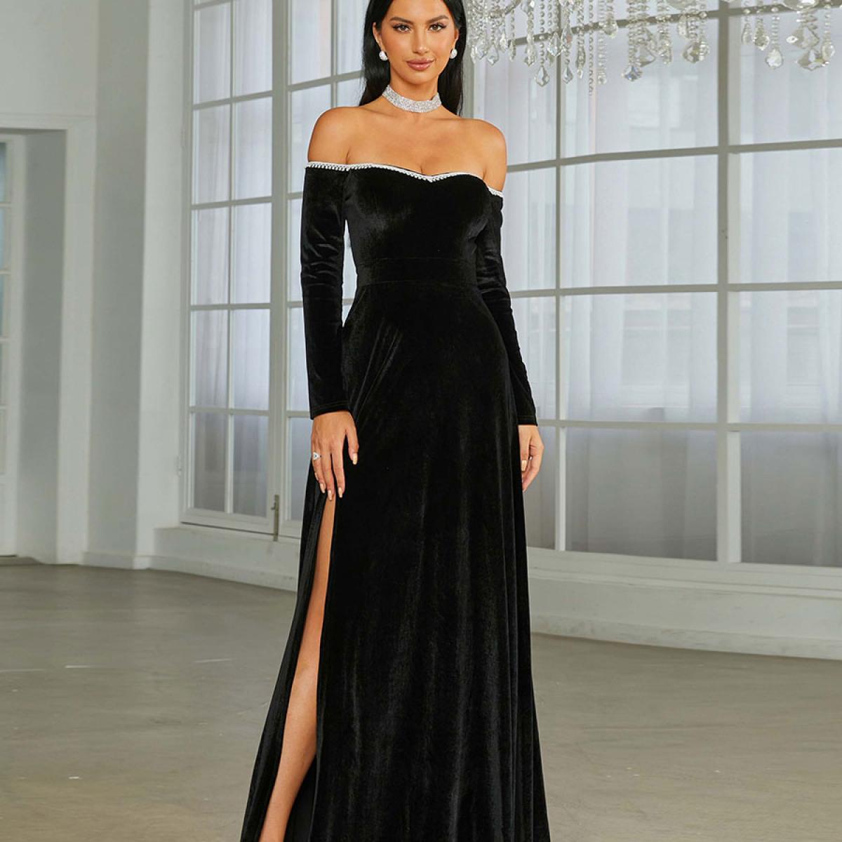 Black velvet off the shoulder long dress best sale