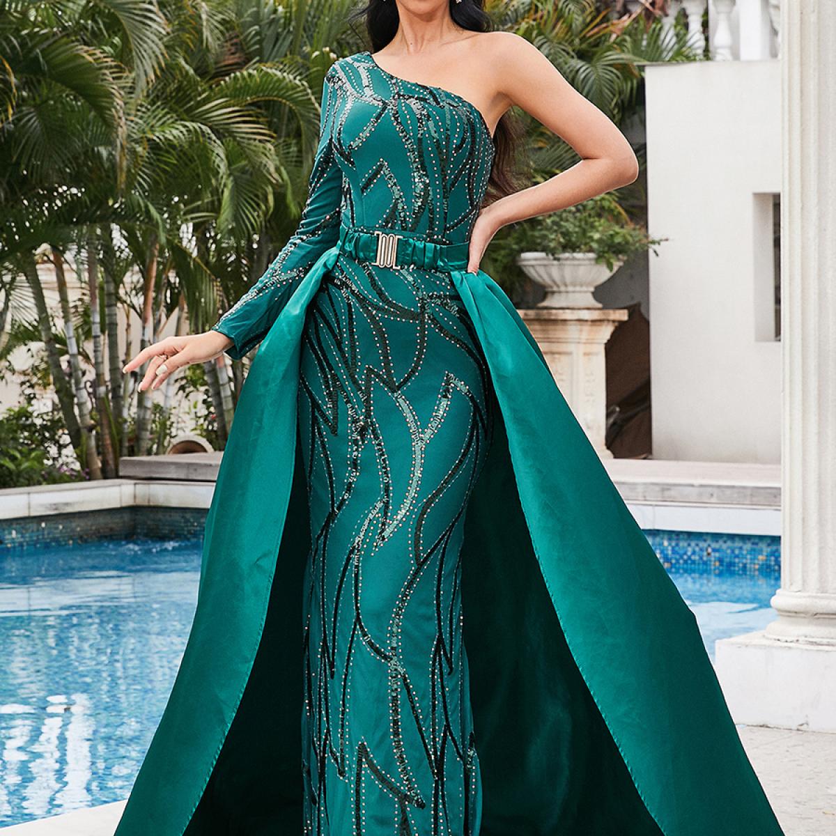 411 Missord Elegant Green Evening Dress Women One Shoulder Long Sleeve Sequins Draped Maxi Party Prom Formal Dresses Ladies Description