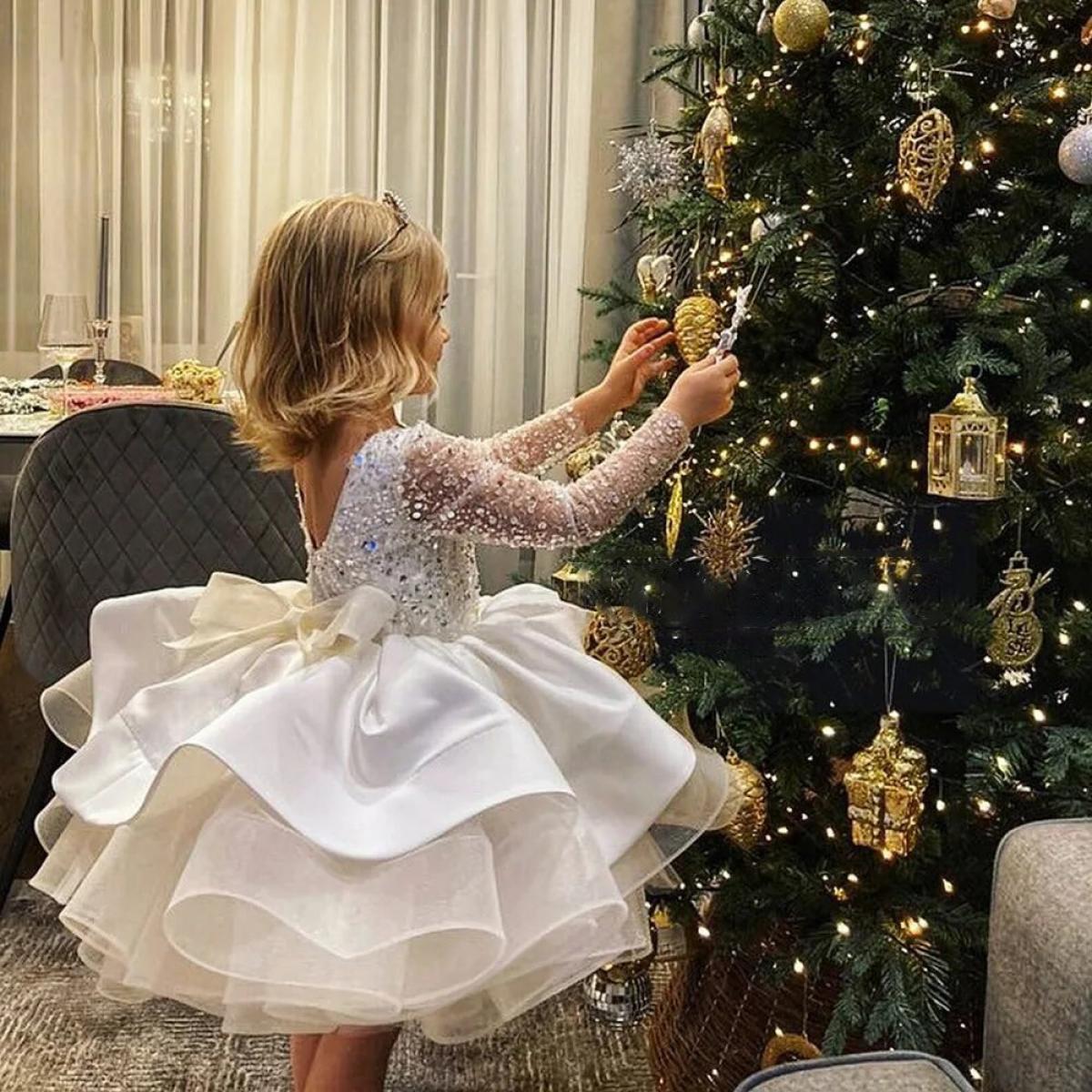 Ivory Lace Ball Gown Flower Girl Dress With Long Sleeves, Bow Tie Back, And  Sequins Affordable Princess Robe For 2022 From Allanhu, $42.36 | DHgate.Com