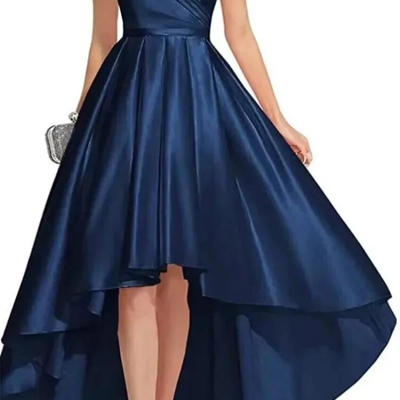472-Temperament Short Front Long Back Satin Prom Dress Elegant One Shoulder Graduation Dresses Simple Pleated Solid Vestido -Description 472-Temperament Short Front Long Back Satin Prom Dress Elegant One Shoulder Graduation Dresses Simple Pleated Solid Vestido -Description