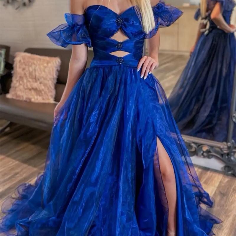 488-Prom Dresses Off Shoulder Royal Blue Organza Sweetheart Puffy Short  Sleeves Long Party Evening Gowns Women Special Occas-Description