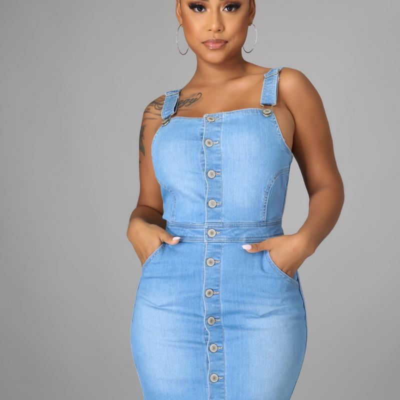 44-Denim Skater Dress Women Spaghetti Strap Bodycon Blue Jeans Pencil Dress  Vestidos-Description