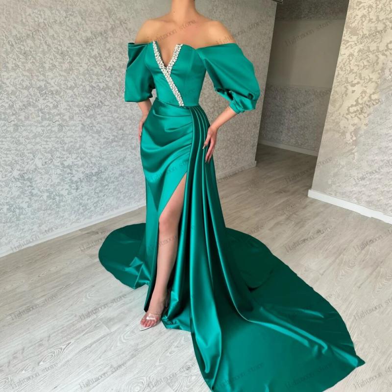 626-Classic Evening Dresses Satin Prom Dress Half Puff Sleeves Boat Neck  High Slit Ball Gowns Vintage Vestidos De Gala 2024-Description