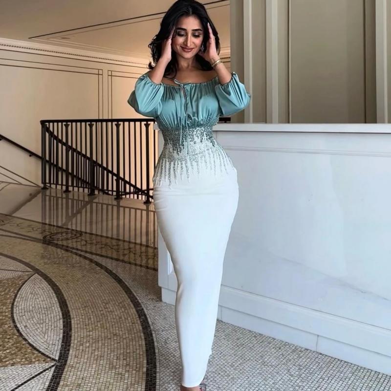 488 Saudi Arabia Women Ankle Length Mermaid Prom Dresses Bateau Neck Ruched Beaded Sash Evening Party Dress Formal Description