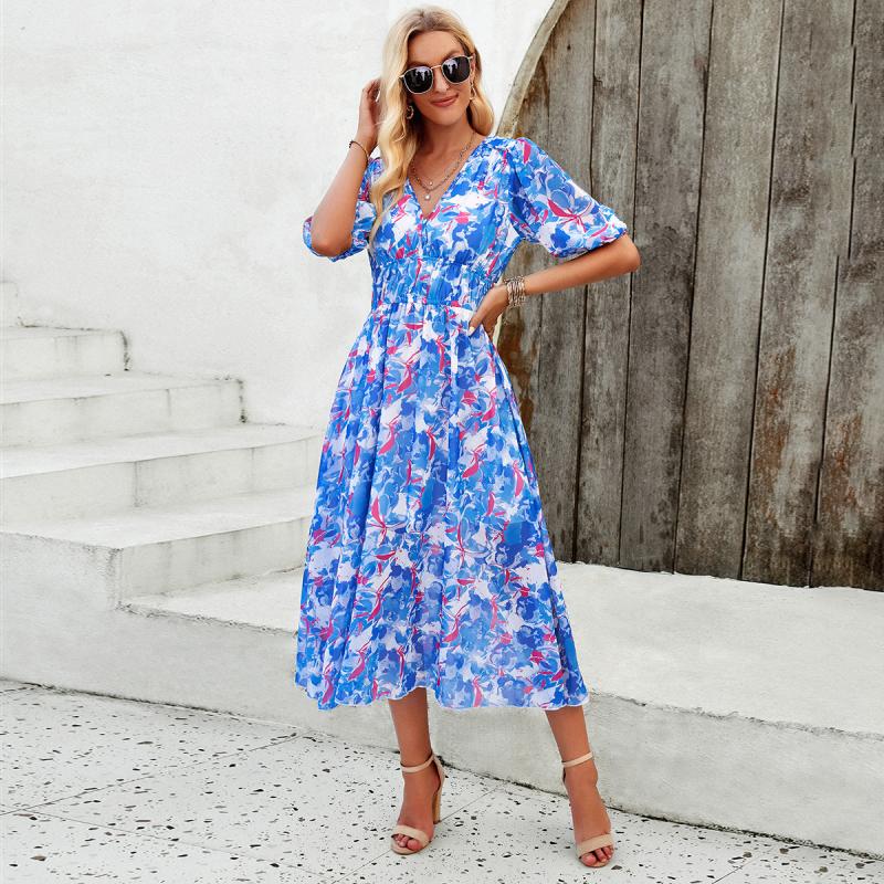 Women's Loose Dress 2024 Spring/summer Holiday Casual Print Waist Waist  V-neck Dress Fashion Summer Dresses 2024