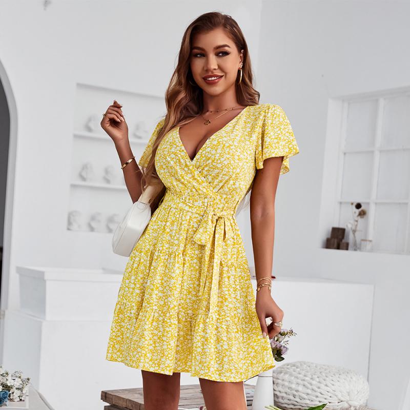 ₪107-Women's Wrap Dress 2022 Summer Floral Style Swing Dress Casual Fashion Summer  Dresses 2024 Reviews Clothes Slight Strec-Description