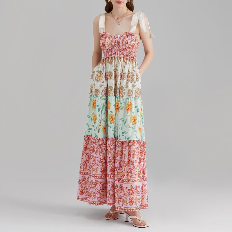 aesthetic flowy dresses Apricot Bohemian floral mid-length flowy dress S main image 0