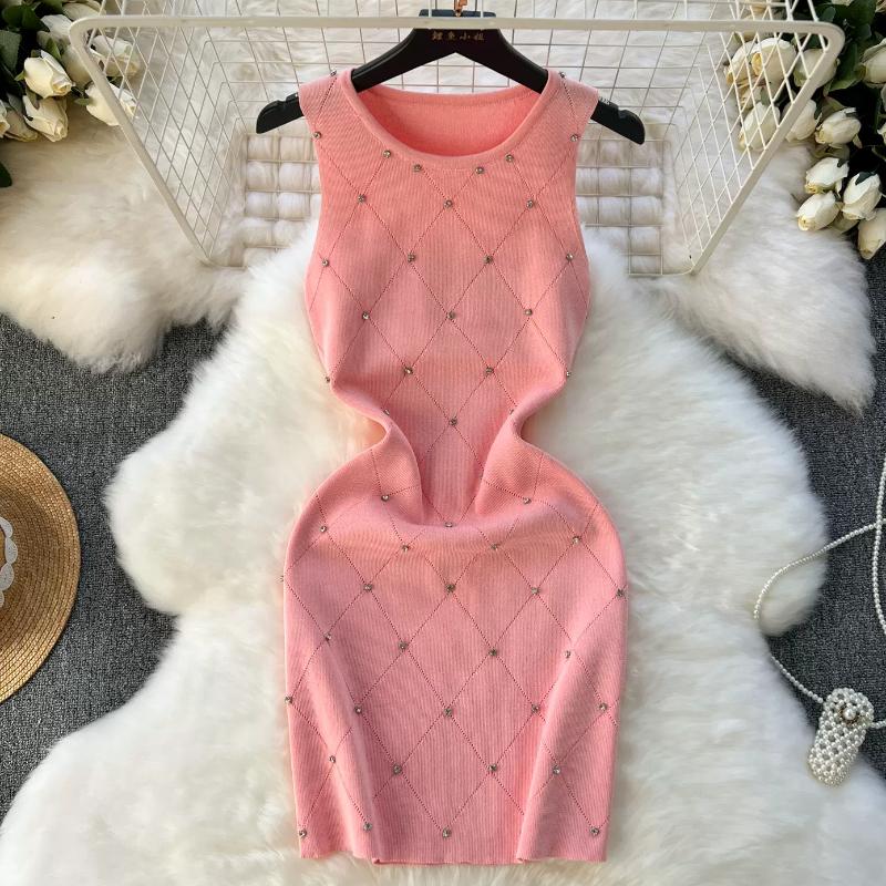 50-Beading Summer Women's Knitting Sheath Tank Dress Female Bodycon Knitted  Camisole Sleeveless Mini Dresses For Woman Out-Description