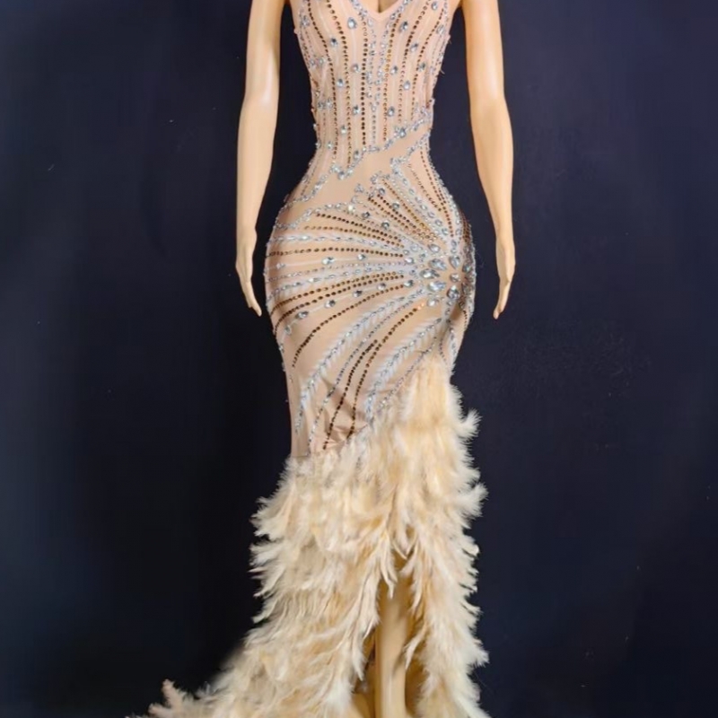 387- Hot Style Rhinestone Feather Stitching Stretch Dress And Birthday Banquet Party Dress-Description 387- Hot Style Rhinestone Feather Stitching Stretch Dress And Birthday Banquet Party Dress-Description