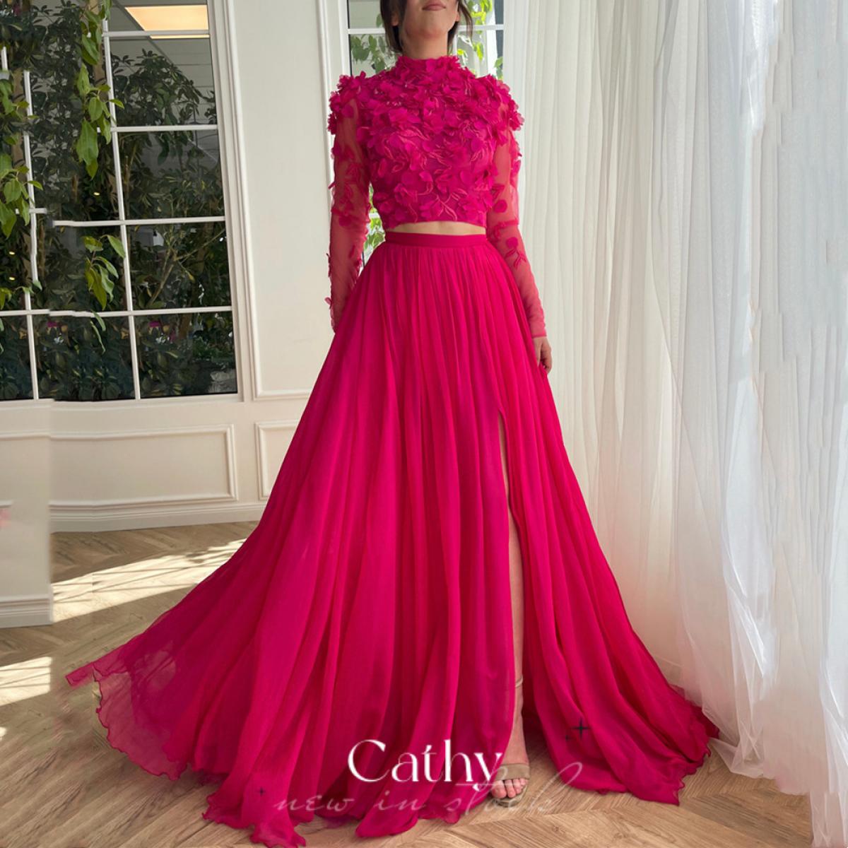 hot pink prom dress long sleeve Stunning Fuchsia Mermaid Evening Gowns|Long Sleeves High Neck Prom Dresses