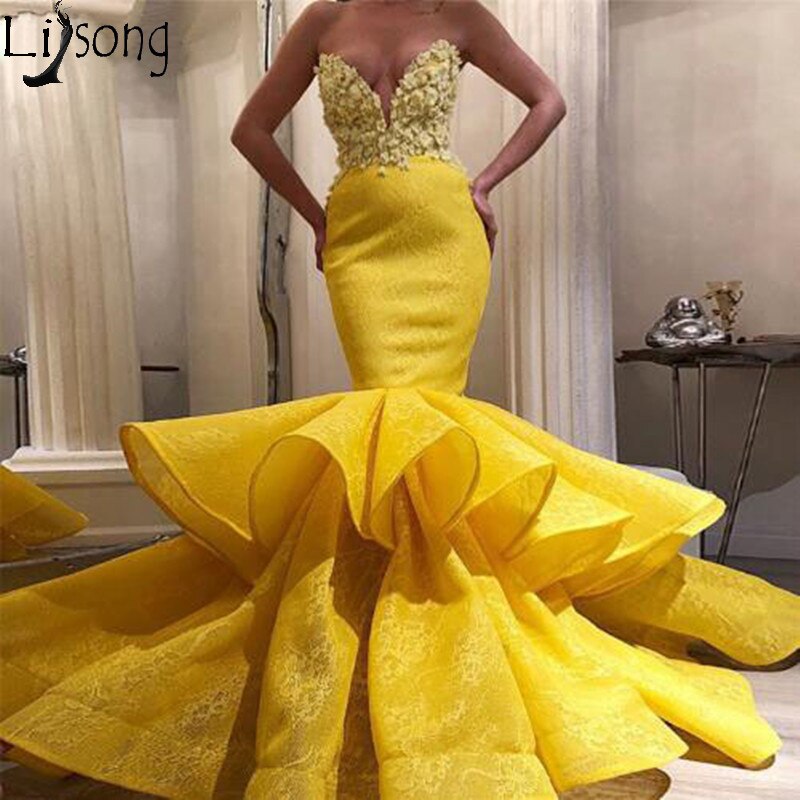 505 Bright Yellow Mermaid Prom Dresses Chic Pleated Bottom Lace