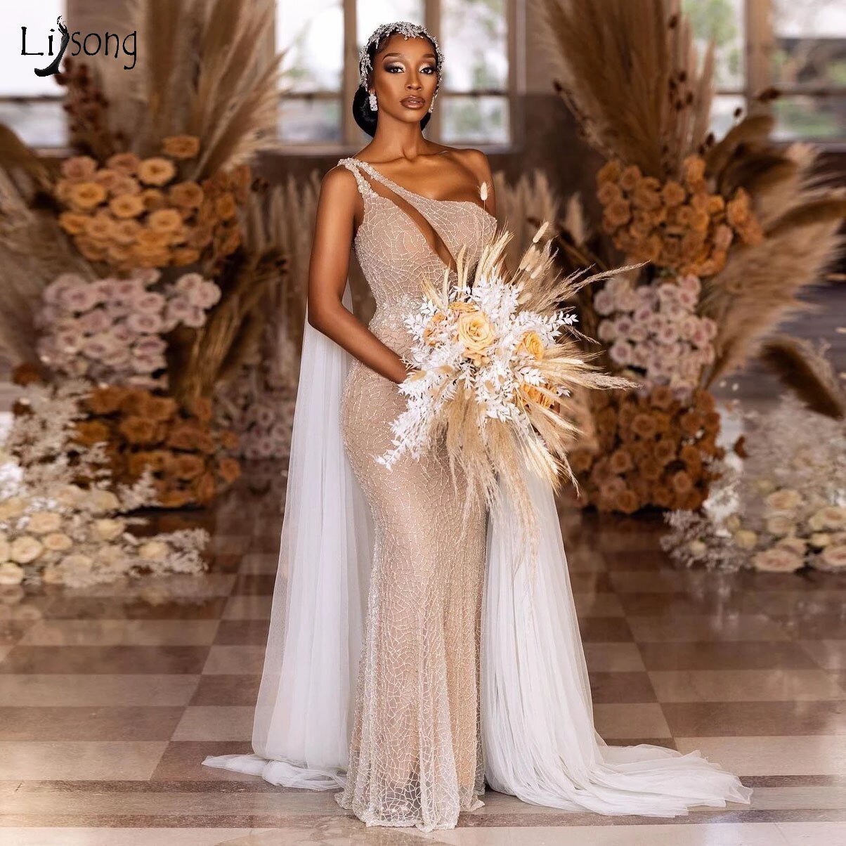 505 Elegant Mermaid Prom Dresses With Tulle Cloak One Shoulder