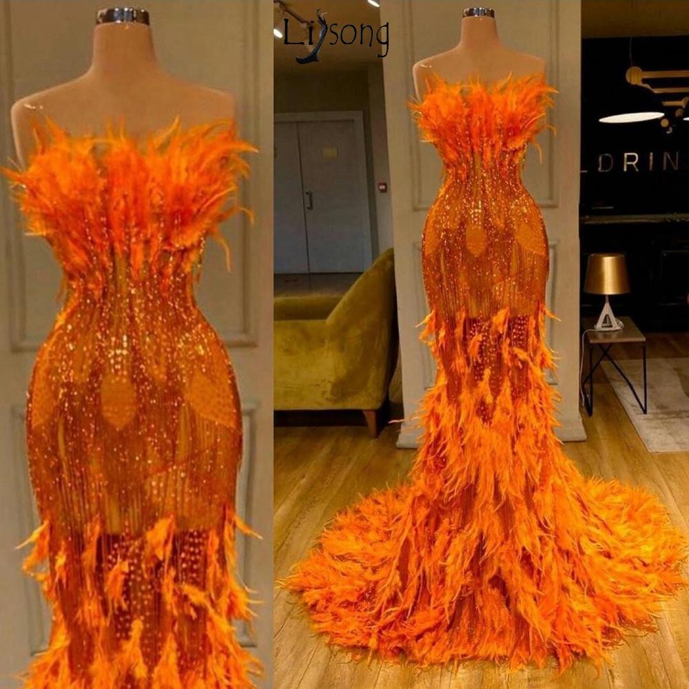Jovani 06164 Orange Sequin And Feather Fitted Prom Dress, 41% OFF