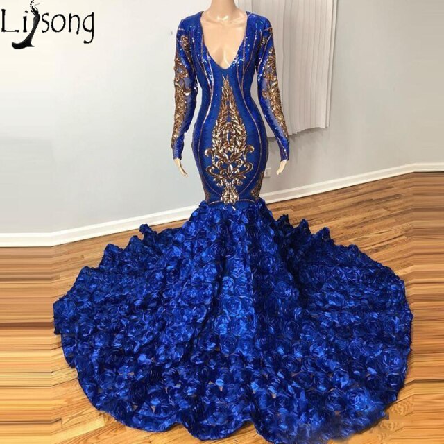 Blue and gold 2025 mermaid prom dress