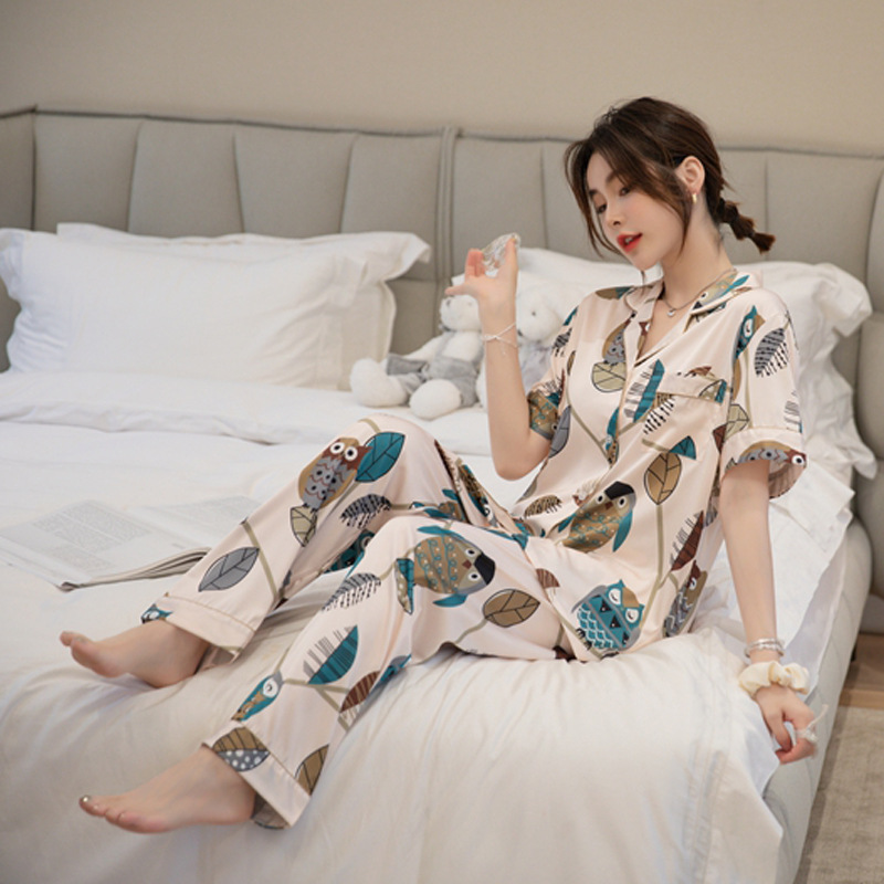₪90-Повседневная пижама из искусственного шелка новые летние женскиепижамные комплекты 2 шт атласная одежда для сна с принтом -Description